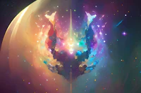 a colorful painting of a spaceship with stars in the background
