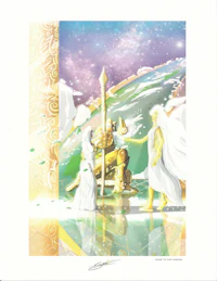 Detailed ballpoint pen/digital painting of an alien woman in a robe walking backwards into the throne room of God 