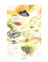 digital painting of a silver futuristic car flying through traffic on a highway in the sky