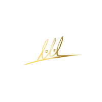 a gold logo on a black background