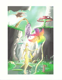 Title: One with Nature  Creator / Artist: SaintJewel Copyright Notice: © 2026 SaintJewel. All rights reserved. Description / Caption: Detailed ballpoint  pen/digital painting of beautiful woman admiring a rainbow flower ima beautiful landscape  Keywords / Tags: woman , ballpoint pen, drawing, SaintJewel, Eden, colorful, ink, fantasy , human , nature , heaven , utopia , flowers