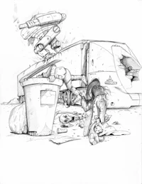 Survival in Adolescence By artist Saint Jewel 2026 , ballpoint pen sketch of 2 children looking for food in garbage while being hunted by a large robot Mech .