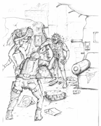 Title: Evil cyborg war Creator / Artist: SaintJewel Copyright Notice: © 2026 SaintJewel. All rights reserved. Description / Caption: Detailed ballpoint pen sketch of human soldier shooting at evil Cyborg humanoid robots  Keywords / Tags: robot, ballpoint pen, sketch, drawing, SaintJewel, cyberpunk, mechanical, ink, sci-fi art, hum